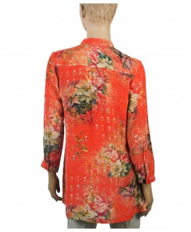 Long Silk Shirt - Coral Floral 