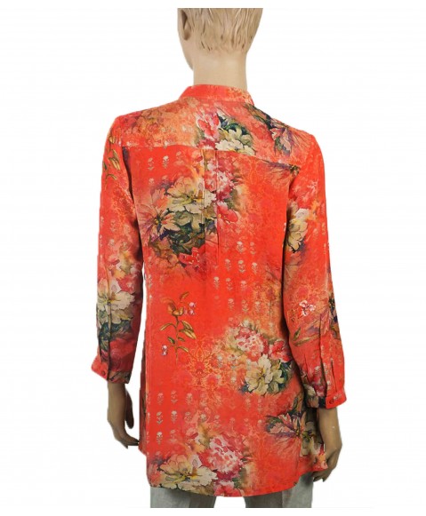 Long Silk Shirt - Coral Floral 