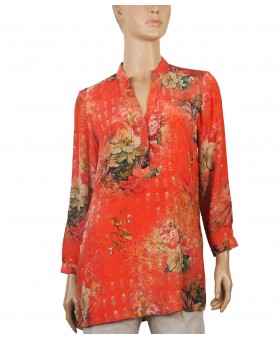 Long Silk Shirt - Coral Floral 