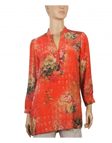 Long Silk Shirt - Coral Floral 