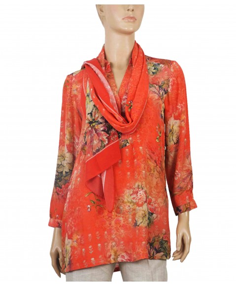 Long Silk Shirt - Coral Floral 