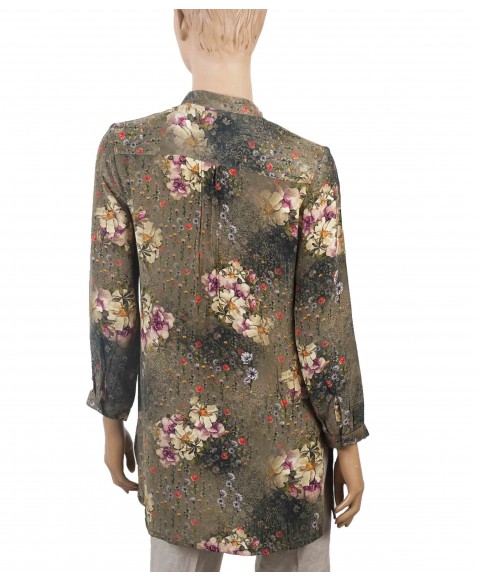 Long Silk Shirt - Olive Green With Beige Floral 