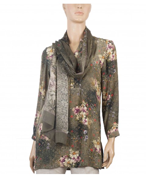 Long Silk Shirt - Olive Green With Beige Floral 