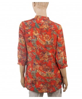 Short Silk Shirt - Red With Beige Floral