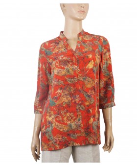 Short Silk Shirt - Red With Beige Floral