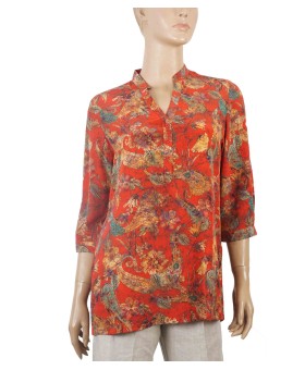 Short Silk Shirt - Red With Beige Floral