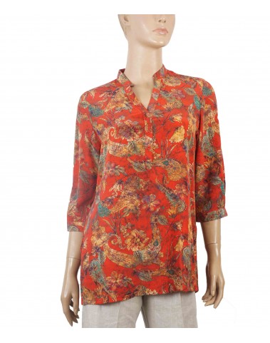 Short Silk Shirt - Red With Beige Floral