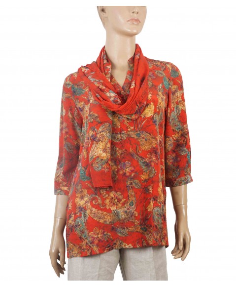 Short Silk Shirt - Red With Beige Floral