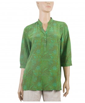 Short Silk Shirt - Green Flowers