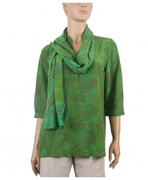 Short Silk Shirt - Green Flowers