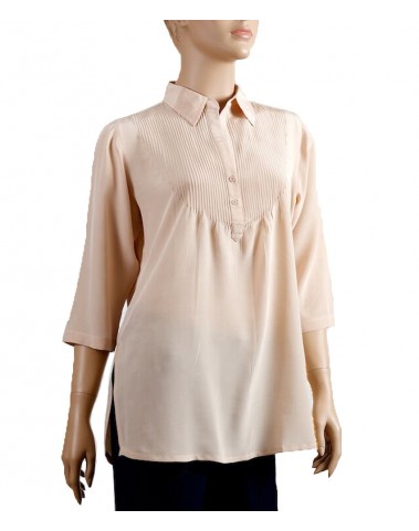 Beige Pleated Plain Silk Shirt