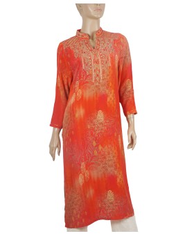 Long Embroidered Silk Kurti - Red Embroidery 