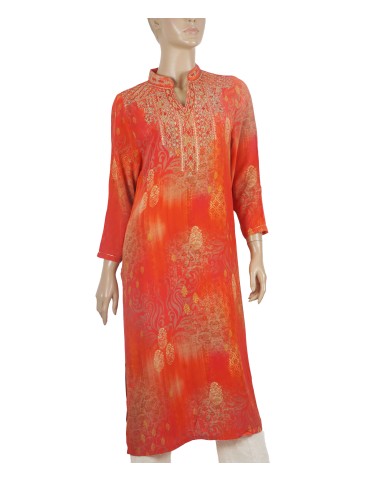 Long Embroidered Silk Kurti - Red Embroidery 