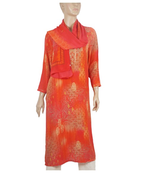 Long Embroidered Silk Kurti - Red Embroidery 