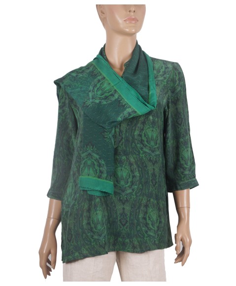 Short Silk Shirt - Green Paisley