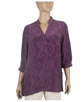 Short Silk Shirt - Purple Ethnic Print