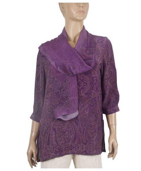 Short Silk Shirt - Purple Ethnic Print