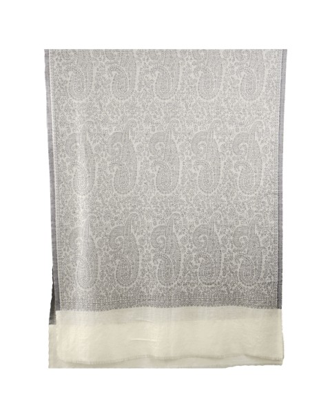 Jamewar Stole - Grey Paisley With Machine Embroidery
