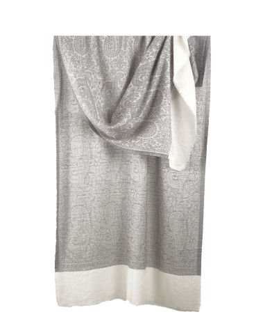 Jamewar Stole - Grey Paisley With Machine Embroidery