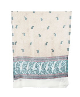 Plain Stole - Beige And White Base With Turquoise Paisley