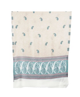 Plain Stole - Beige And White Base With Turquoise Paisley