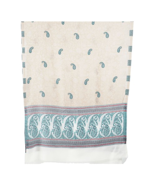 Plain Stole - Beige And White Base With Turquoise Paisley