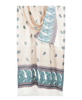 Plain Stole - Beige And White Base With Turquoise Paisley