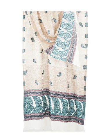 Plain Stole - Beige And White Base With Turquoise Paisley