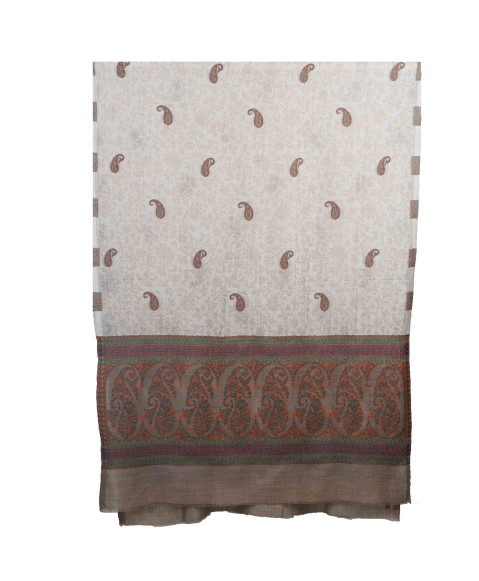 Plain Stole - Beige Base With Orange Paisley