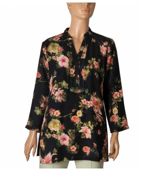 Long Silk Shirt - Midnight Bloom