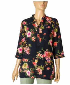 Short Silk Shirt - Midnight Bloom
