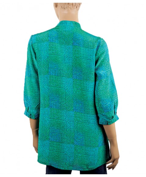 Short Silk Shirt - Blue and Green Square