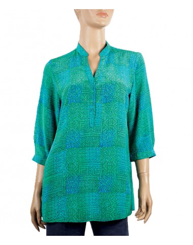 Short Silk Shirt - Blue and Green Square