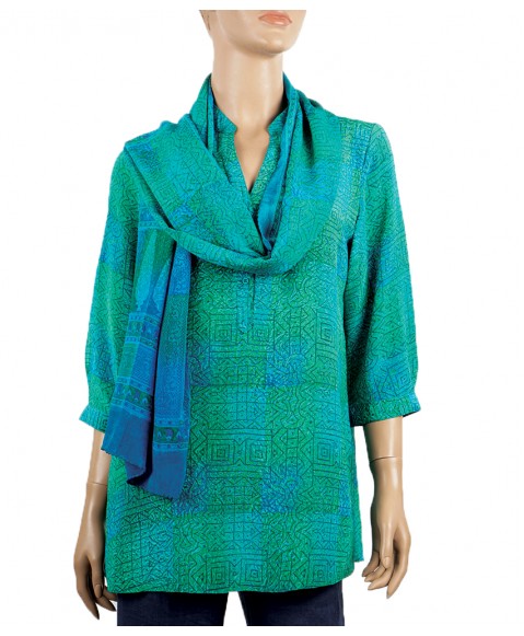 Short Silk Shirt - Blue and Green Square