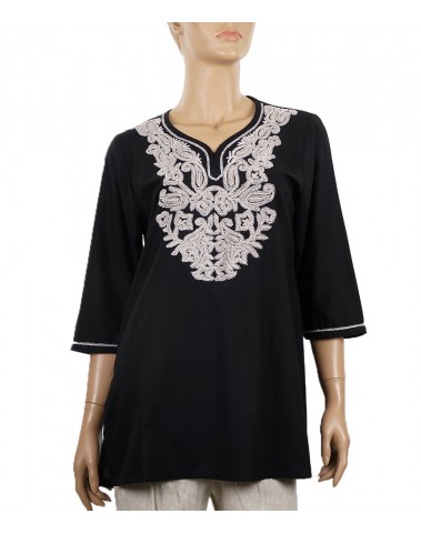 Embroidered Casual Kurti - Beige Paisley on Black