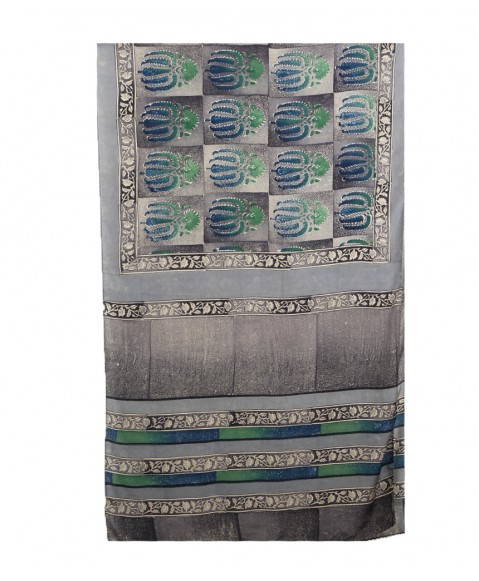 Crepe Silk Scarf - Grey and Navy Blue Patchwork