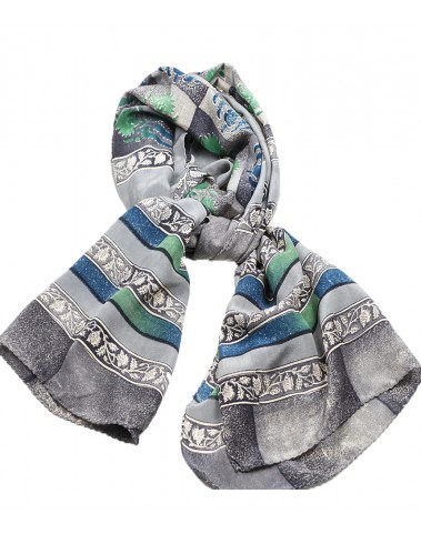 Crepe Silk Scarf - Grey and Navy Blue Patchwork