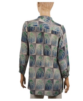 Long Silk Shirt - Grey and Navy Blue Patchwork