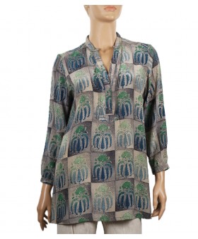 Long Silk Shirt - Grey and Navy Blue Patchwork