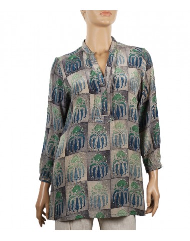 Long Silk Shirt - Grey and Navy Blue Patchwork