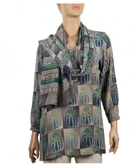 Long Silk Shirt - Grey and Navy Blue Patchwork