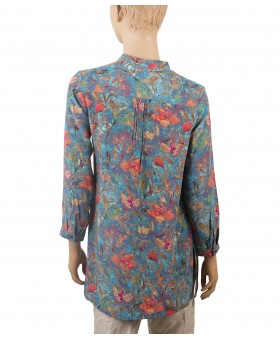 Long Silk Shirt - Red Floral With Petrol Blue Base