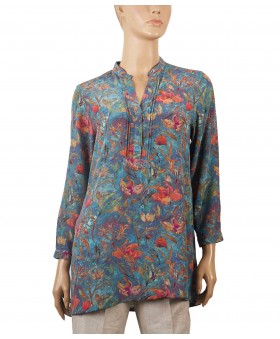 Long Silk Shirt - Red Floral With Petrol Blue Base