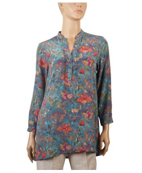 Long Silk Shirt - Red Floral With Petrol Blue Base