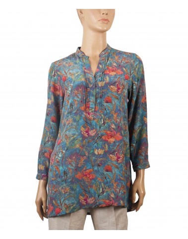 Long Silk Shirt - Red Floral With Petrol Blue Base