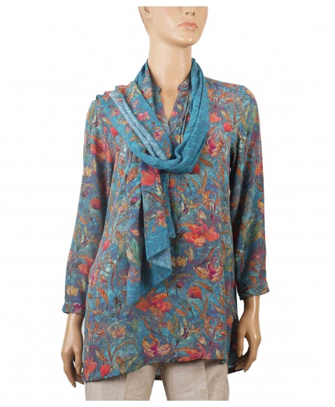 Long Silk Shirt - Red Floral With Petrol Blue Base