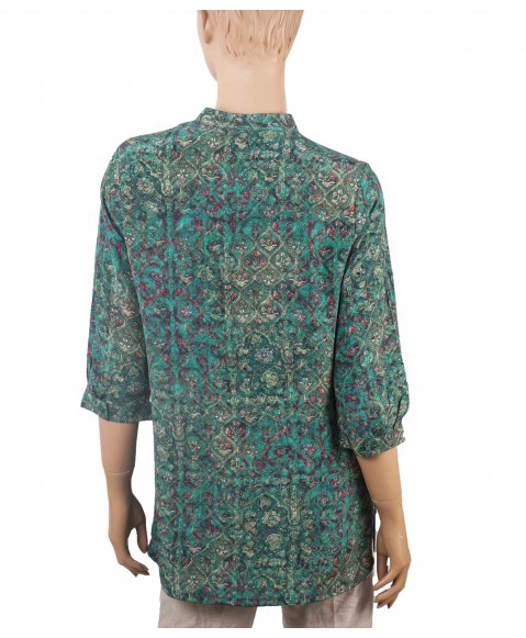 Short Silk Shirt - Green with pink little flowers