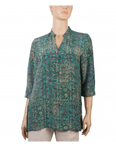 Short Silk Shirt - Green with pink little flowers