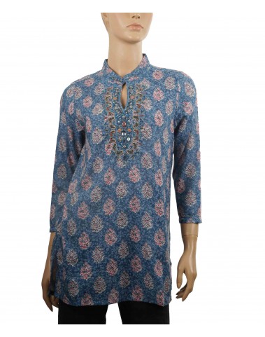 Antique Kurti - Small Flower Patch On Denim Blue 