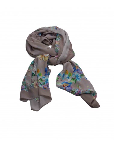 Crepe Silk Scarf - Blue Floral On Beige